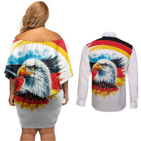 German Unity Day Couples Matching Off Shoulder Short Dress and Long Sleeve Button Shirt Germany Flag with Eagle Head and Emblem
