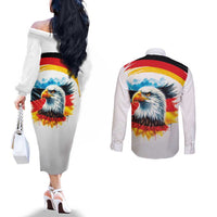 German Unity Day Couples Matching Off The Shoulder Long Sleeve Dress and Long Sleeve Button Shirt Germany Flag with Eagle Head and Emblem
