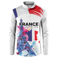 Bastille Day Button Sweatshirt Eiffel Tower Brush Strokes Colorful with The Map