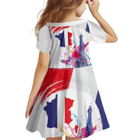 Bastille Day Kid Short Sleeve Dress Eiffel Tower Brush Strokes Colorful with The Map