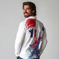 Bastille Day Long Sleeve Polo Shirt Eiffel Tower Brush Strokes Colorful with The Map