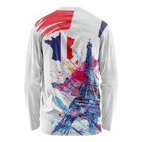 Bastille Day Long Sleeve Shirt Eiffel Tower Brush Strokes Colorful with The Map
