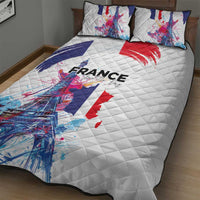 Bastille Day Quilt Bed Set Eiffel Tower Brush Strokes Colorful with The Map