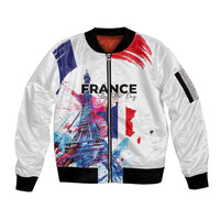 Bastille Day Sleeve Zip Bomber Jacket Eiffel Tower Brush Strokes Colorful with The Map