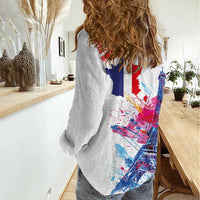 Bastille Day Women Casual Shirt Eiffel Tower Brush Strokes Colorful with The Map