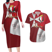 Malta Independence Day Couples Matching Long Sleeve Bodycon Dress and Hawaiian Shirt National Flag with Maltese Cross and Emblem