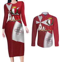 Malta Independence Day Couples Matching Long Sleeve Bodycon Dress and Long Sleeve Button Shirt National Flag with Maltese Cross and Emblem