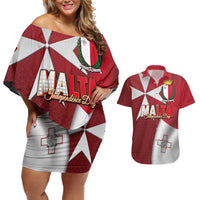Malta Independence Day Couples Matching Off Shoulder Short Dress and Hawaiian Shirt National Flag with Maltese Cross and Emblem