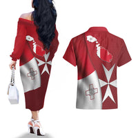 Malta Independence Day Couples Matching Off The Shoulder Long Sleeve Dress and Hawaiian Shirt National Flag with Maltese Cross and Emblem