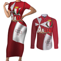Malta Independence Day Couples Matching Short Sleeve Bodycon Dress and Long Sleeve Button Shirt National Flag with Maltese Cross and Emblem