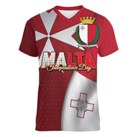 Malta Independence Day Women V-Neck T-Shirt National Flag with Maltese Cross and Emblem