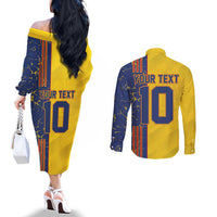 Custom Romania Football 2024 Go Champion Couples Matching Off The Shoulder Long Sleeve Dress and Long Sleeve Button Shirt