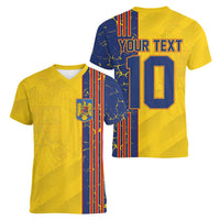 Custom Romania Football 2024 Go Champion Women V-Neck T-Shirt - Wonder Print Shop