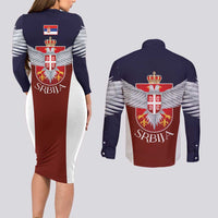 Serbia Couples Matching Long Sleeve Bodycon Dress and Long Sleeve Button Shirt Double Headed Eage Emblem Sporty - Wonder Print Shop