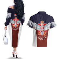 Serbia Couples Matching Off The Shoulder Long Sleeve Dress and Hawaiian Shirt Double Headed Eage Emblem Sporty - Wonder Print Shop