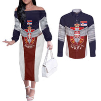 Serbia Couples Matching Off The Shoulder Long Sleeve Dress and Long Sleeve Button Shirt Double Headed Eage Emblem Sporty - Wonder Print Shop