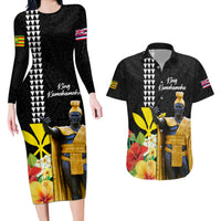Hawaii King Kamehameha Day Couples Matching Long Sleeve Bodycon Dress and Hawaiian Shirt Kanaka Maoli Hibiscus Flower and Kakau Pattern - Wonder Print Shop