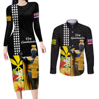 Hawaii King Kamehameha Day Couples Matching Long Sleeve Bodycon Dress and Long Sleeve Button Shirt Kanaka Maoli Hibiscus Flower and Kakau Pattern - Wonder Print Shop