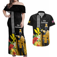 Hawaii King Kamehameha Day Couples Matching Off Shoulder Maxi Dress and Hawaiian Shirt Kanaka Maoli Hibiscus Flower and Kakau Pattern - Wonder Print Shop