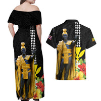 Hawaii King Kamehameha Day Couples Matching Off Shoulder Maxi Dress and Hawaiian Shirt Kanaka Maoli Hibiscus Flower and Kakau Pattern - Wonder Print Shop