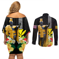 Hawaii King Kamehameha Day Couples Matching Off Shoulder Short Dress and Long Sleeve Button Shirt Kanaka Maoli Hibiscus Flower and Kakau Pattern - Wonder Print Shop