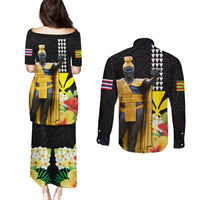 Hawaii King Kamehameha Day Couples Matching Puletasi and Long Sleeve Button Shirt Kanaka Maoli Hibiscus Flower and Kakau Pattern - Wonder Print Shop