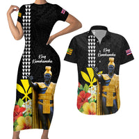 Hawaii King Kamehameha Day Couples Matching Short Sleeve Bodycon Dress and Hawaiian Shirt Kanaka Maoli Hibiscus Flower and Kakau Pattern - Wonder Print Shop