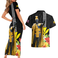 Hawaii King Kamehameha Day Couples Matching Short Sleeve Bodycon Dress and Hawaiian Shirt Kanaka Maoli Hibiscus Flower and Kakau Pattern - Wonder Print Shop