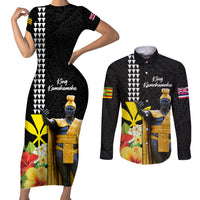 Hawaii King Kamehameha Day Couples Matching Short Sleeve Bodycon Dress and Long Sleeve Button Shirt Kanaka Maoli Hibiscus Flower and Kakau Pattern - Wonder Print Shop