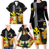 Hawaii King Kamehameha Day Family Matching Long Sleeve Bodycon Dress and Hawaiian Shirt Kanaka Maoli Hibiscus Flower and Kakau Pattern - Wonder Print Shop