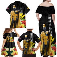 Hawaii King Kamehameha Day Family Matching Off Shoulder Maxi Dress and Hawaiian Shirt Kanaka Maoli Hibiscus Flower and Kakau Pattern - Wonder Print Shop