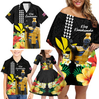 Hawaii King Kamehameha Day Family Matching Off Shoulder Short Dress and Hawaiian Shirt Kanaka Maoli Hibiscus Flower and Kakau Pattern - Wonder Print Shop