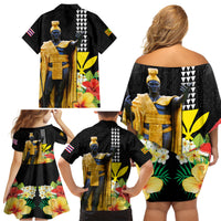 Hawaii King Kamehameha Day Family Matching Off Shoulder Short Dress and Hawaiian Shirt Kanaka Maoli Hibiscus Flower and Kakau Pattern - Wonder Print Shop