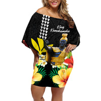 Hawaii King Kamehameha Day Family Matching Off Shoulder Short Dress and Hawaiian Shirt Kanaka Maoli Hibiscus Flower and Kakau Pattern - Wonder Print Shop