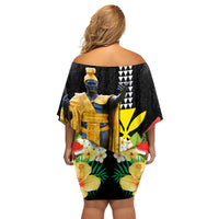 Hawaii King Kamehameha Day Family Matching Off Shoulder Short Dress and Hawaiian Shirt Kanaka Maoli Hibiscus Flower and Kakau Pattern - Wonder Print Shop