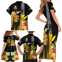 Hawaii King Kamehameha Day Family Matching Short Sleeve Bodycon Dress and Hawaiian Shirt Kanaka Maoli Hibiscus Flower and Kakau Pattern - Wonder Print Shop