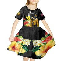 Hawaii King Kamehameha Day Kid Short Sleeve Dress Kanaka Maoli Hibiscus Flower and Kakau Pattern - Wonder Print Shop