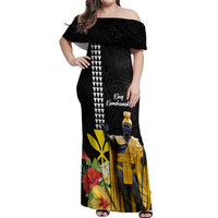 Hawaii King Kamehameha Day Off Shoulder Maxi Dress Kanaka Maoli Hibiscus Flower and Kakau Pattern - Wonder Print Shop
