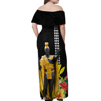 Hawaii King Kamehameha Day Off Shoulder Maxi Dress Kanaka Maoli Hibiscus Flower and Kakau Pattern - Wonder Print Shop