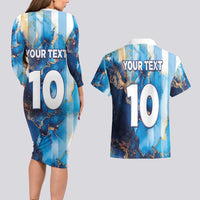 Custom Argentina Football Couples Matching Long Sleeve Bodycon Dress and Hawaiian Shirt La Albiceleste Marble Sky Version