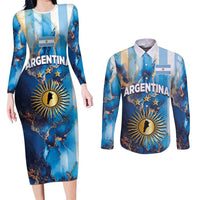 Custom Argentina Football Couples Matching Long Sleeve Bodycon Dress and Long Sleeve Button Shirt La Albiceleste Marble Sky Version