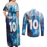 Custom Argentina Football Couples Matching Off Shoulder Maxi Dress and Long Sleeve Button Shirt La Albiceleste Marble Sky Version