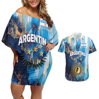 Custom Argentina Football Couples Matching Off Shoulder Short Dress and Hawaiian Shirt La Albiceleste Marble Sky Version
