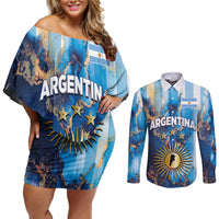 Custom Argentina Football Couples Matching Off Shoulder Short Dress and Long Sleeve Button Shirt La Albiceleste Marble Sky Version