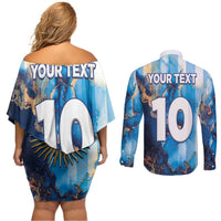 Custom Argentina Football Couples Matching Off Shoulder Short Dress and Long Sleeve Button Shirt La Albiceleste Marble Sky Version