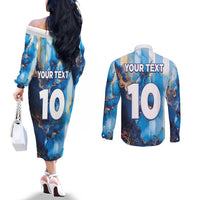 Custom Argentina Football Couples Matching Off The Shoulder Long Sleeve Dress and Long Sleeve Button Shirt La Albiceleste Marble Sky Version