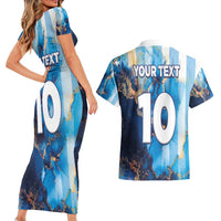 Custom Argentina Football Couples Matching Short Sleeve Bodycon Dress and Hawaiian Shirt La Albiceleste Marble Sky Version