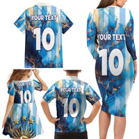 Custom Argentina Football Family Matching Long Sleeve Bodycon Dress and Hawaiian Shirt La Albiceleste Marble Sky Version