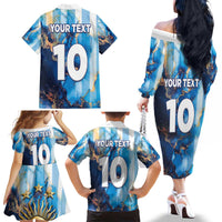 Custom Argentina Football Family Matching Off The Shoulder Long Sleeve Dress and Hawaiian Shirt La Albiceleste Marble Sky Version