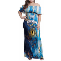 Custom Argentina Football Family Matching Off Shoulder Maxi Dress and Hawaiian Shirt La Albiceleste Marble Sky Version